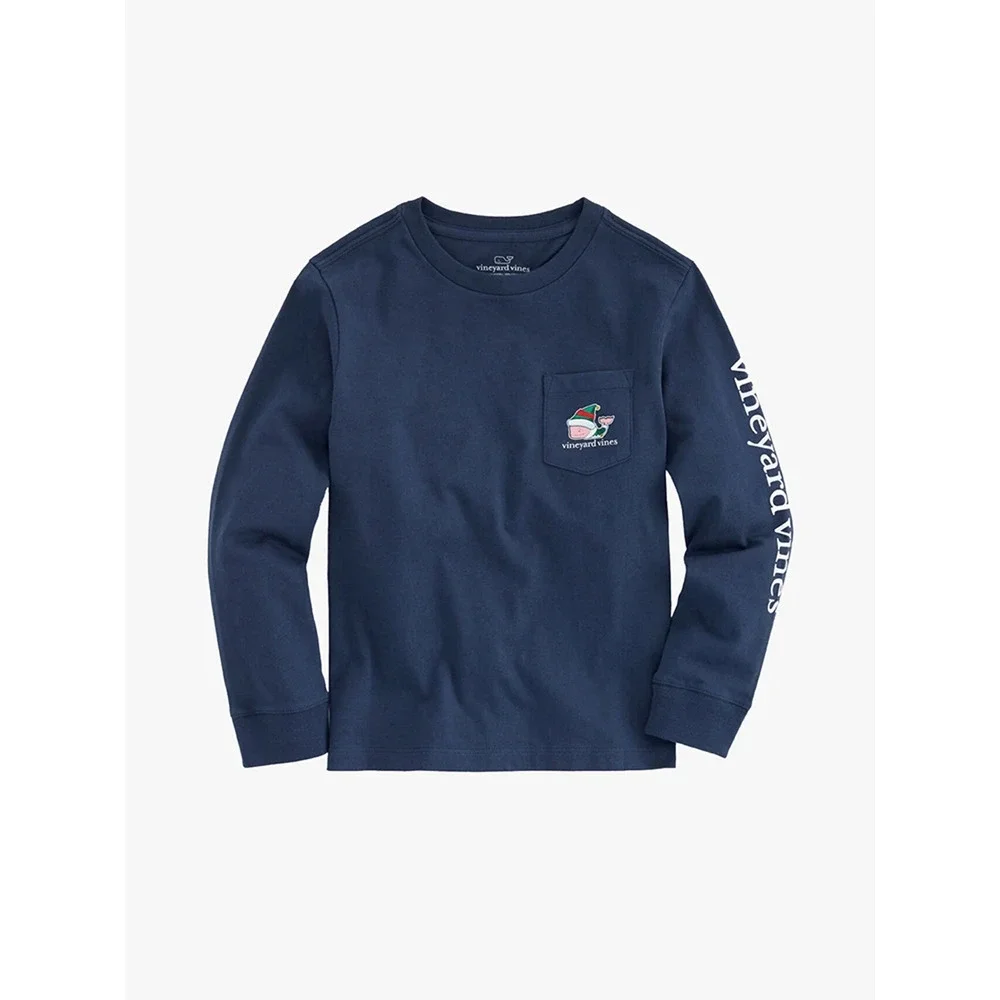 Vineyard Vines Elf Whale Boys T Shirt XL 18 Cotton Navy Long Sleeve Pockets